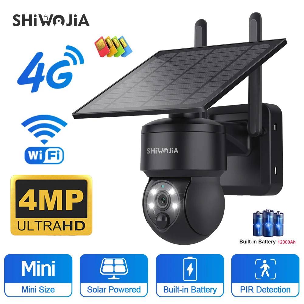 Home Security Outdoor Cameras - SHIWOJIA-Câmera Solar PTZ sem fio, WiFi,